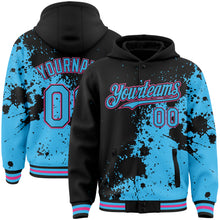 Load image into Gallery viewer, Custom Black Sky Blue-Pink Abstract Splash Grunge Art 3D Pattern Design Bomber Full-Snap Varsity Letterman Hoodie Jacket
