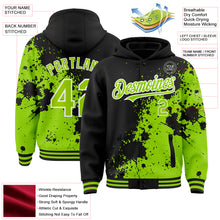 Load image into Gallery viewer, Custom Black Neon Green-White Abstract Splash Grunge Art 3D Pattern Design Bomber Full-Snap Varsity Letterman Hoodie Jacket
