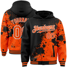 Load image into Gallery viewer, Custom Black Orange-White Abstract Splash Grunge Art 3D Pattern Design Bomber Full-Snap Varsity Letterman Hoodie Jacket
