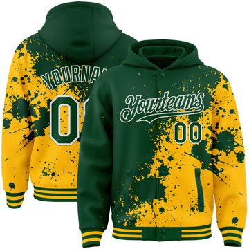 Custom Green Gold-White Abstract Splash Grunge Art 3D Pattern Design Bomber Full-Snap Varsity Letterman Hoodie Jacket