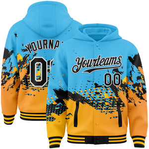 Custom Sky Blue Black-Gold Abstract Splash Grunge Art 3D Pattern Design Bomber Full-Snap Varsity Letterman Hoodie Jacket