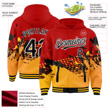 Load image into Gallery viewer, Custom Red Black-Gold Abstract Splash Grunge Art 3D Pattern Design Bomber Full-Snap Varsity Letterman Hoodie Jacket
