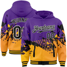 Load image into Gallery viewer, Custom Purple Gold-Black Abstract Splash Grunge Art 3D Pattern Design Bomber Full-Snap Varsity Letterman Hoodie Jacket
