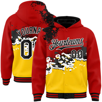 Custom Red Black-Gold Abstract Splash Grunge Art 3D Pattern Design Bomber Full-Snap Varsity Letterman Hoodie Jacket