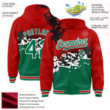 Load image into Gallery viewer, Custom Red Kelly Green-Black Abstract Splash Grunge Art 3D Pattern Design Bomber Full-Snap Varsity Letterman Hoodie Jacket
