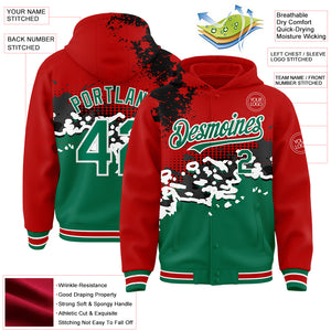 Custom Red Kelly Green-Black Abstract Splash Grunge Art 3D Pattern Design Bomber Full-Snap Varsity Letterman Hoodie Jacket