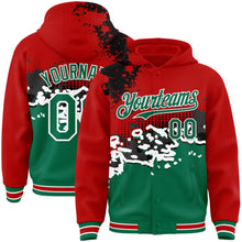 Load image into Gallery viewer, Custom Red Kelly Green-Black Abstract Splash Grunge Art 3D Pattern Design Bomber Full-Snap Varsity Letterman Hoodie Jacket
