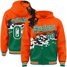 Load image into Gallery viewer, Custom Orange Kelly Green-Black Abstract Splash Grunge Art 3D Pattern Design Bomber Full-Snap Varsity Letterman Hoodie Jacket
