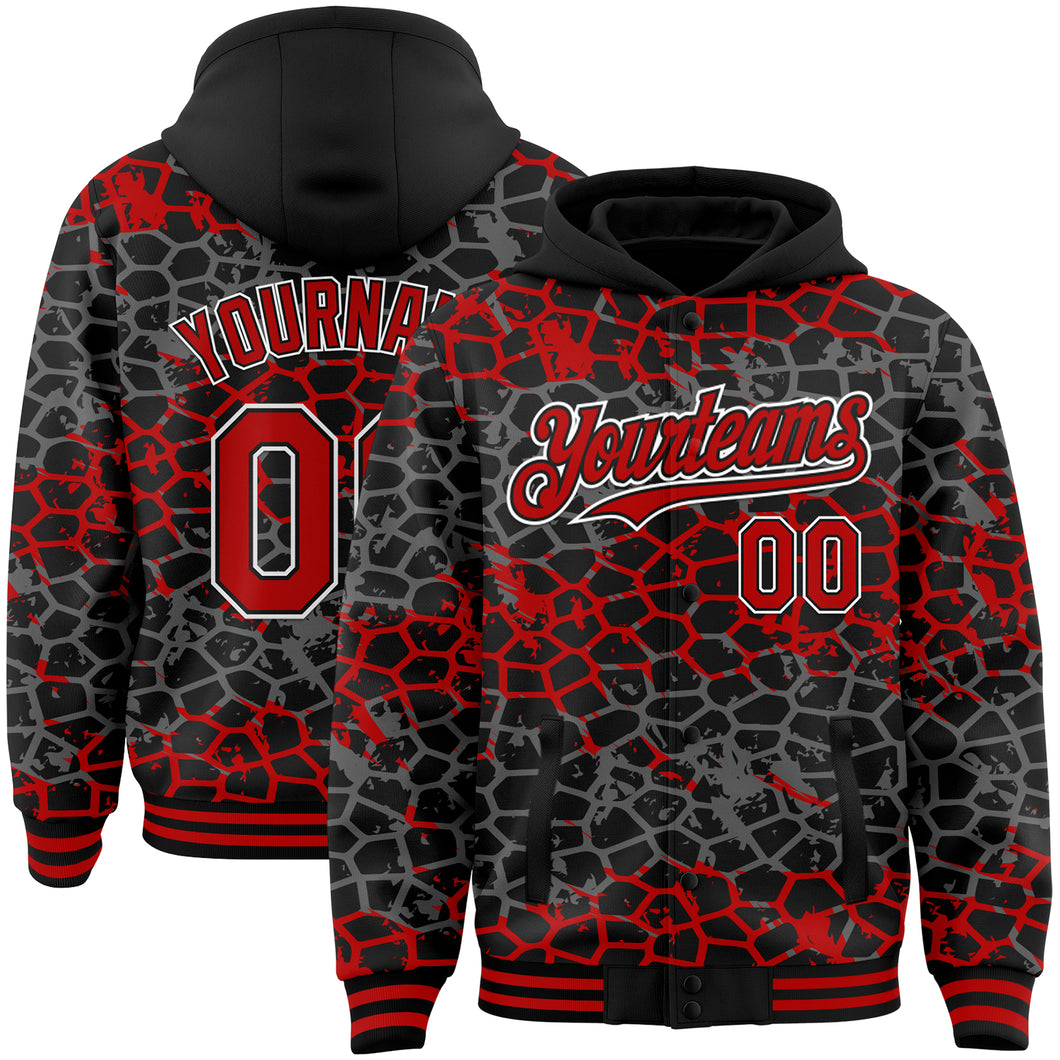 Custom Black Red-White Abstract Network 3D Pattern Design Bomber Full-Snap Varsity Letterman Hoodie Jacket