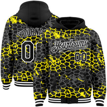 Load image into Gallery viewer, Custom Black Light Yellow-White Abstract Network 3D Pattern Design Bomber Full-Snap Varsity Letterman Hoodie Jacket
