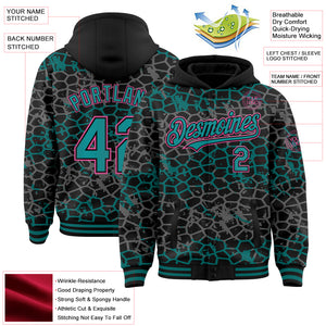 Custom Black Teal-Pink Abstract Network 3D Pattern Design Bomber Full-Snap Varsity Letterman Hoodie Jacket