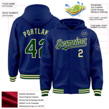 Load image into Gallery viewer, Custom Royal Green-Cream Bomber Full-Snap Varsity Letterman Hoodie Jacket
