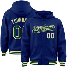 Load image into Gallery viewer, Custom Royal Green-Cream Bomber Full-Snap Varsity Letterman Hoodie Jacket
