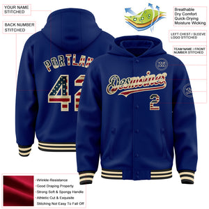 Custom Royal Vintage USA Flag Cream-Black Bomber Full-Snap Varsity Letterman Hoodie Jacket