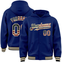 Load image into Gallery viewer, Custom Royal Vintage USA Flag Cream-Black Bomber Full-Snap Varsity Letterman Hoodie Jacket
