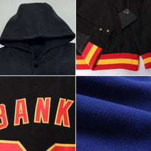 Load image into Gallery viewer, Custom Royal Black-Gold Bomber Full-Snap Varsity Letterman Hoodie Jacket
