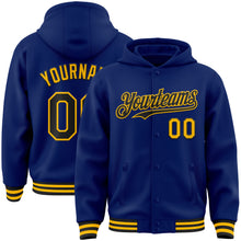 Load image into Gallery viewer, Custom Royal Black-Gold Bomber Full-Snap Varsity Letterman Hoodie Jacket
