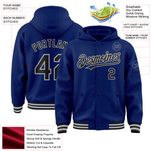 Load image into Gallery viewer, Custom Royal Black-Gray Bomber Full-Snap Varsity Letterman Hoodie Jacket
