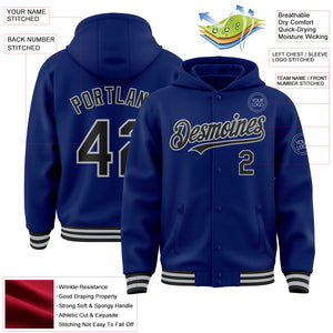 Custom Royal Black-Gray Bomber Full-Snap Varsity Letterman Hoodie Jacket