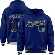 Load image into Gallery viewer, Custom Royal Black-Gray Bomber Full-Snap Varsity Letterman Hoodie Jacket
