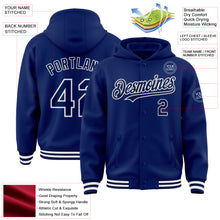 Load image into Gallery viewer, Custom Royal Navy-White Bomber Full-Snap Varsity Letterman Hoodie Jacket
