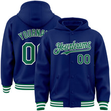 Load image into Gallery viewer, Custom Royal Kelly Green-White Bomber Full-Snap Varsity Letterman Hoodie Jacket
