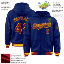 Load image into Gallery viewer, Custom Royal Crimson-Gold Bomber Full-Snap Varsity Letterman Hoodie Jacket
