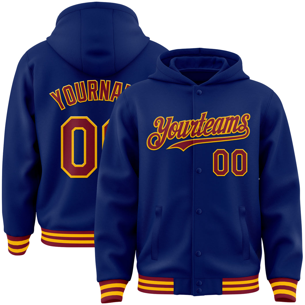 Custom Royal Crimson-Gold Bomber Full-Snap Varsity Letterman Hoodie Jacket