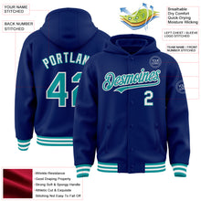 Load image into Gallery viewer, Custom Royal Teal-White Bomber Full-Snap Varsity Letterman Hoodie Jacket
