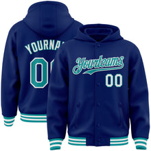 Load image into Gallery viewer, Custom Royal Teal-White Bomber Full-Snap Varsity Letterman Hoodie Jacket
