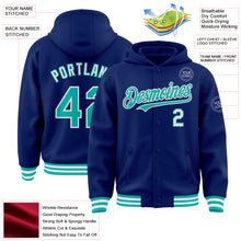 Load image into Gallery viewer, Custom Royal Aqua-White Bomber Full-Snap Varsity Letterman Hoodie Jacket
