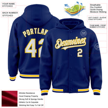 Load image into Gallery viewer, Custom Royal White-Yellow Bomber Full-Snap Varsity Letterman Hoodie Jacket
