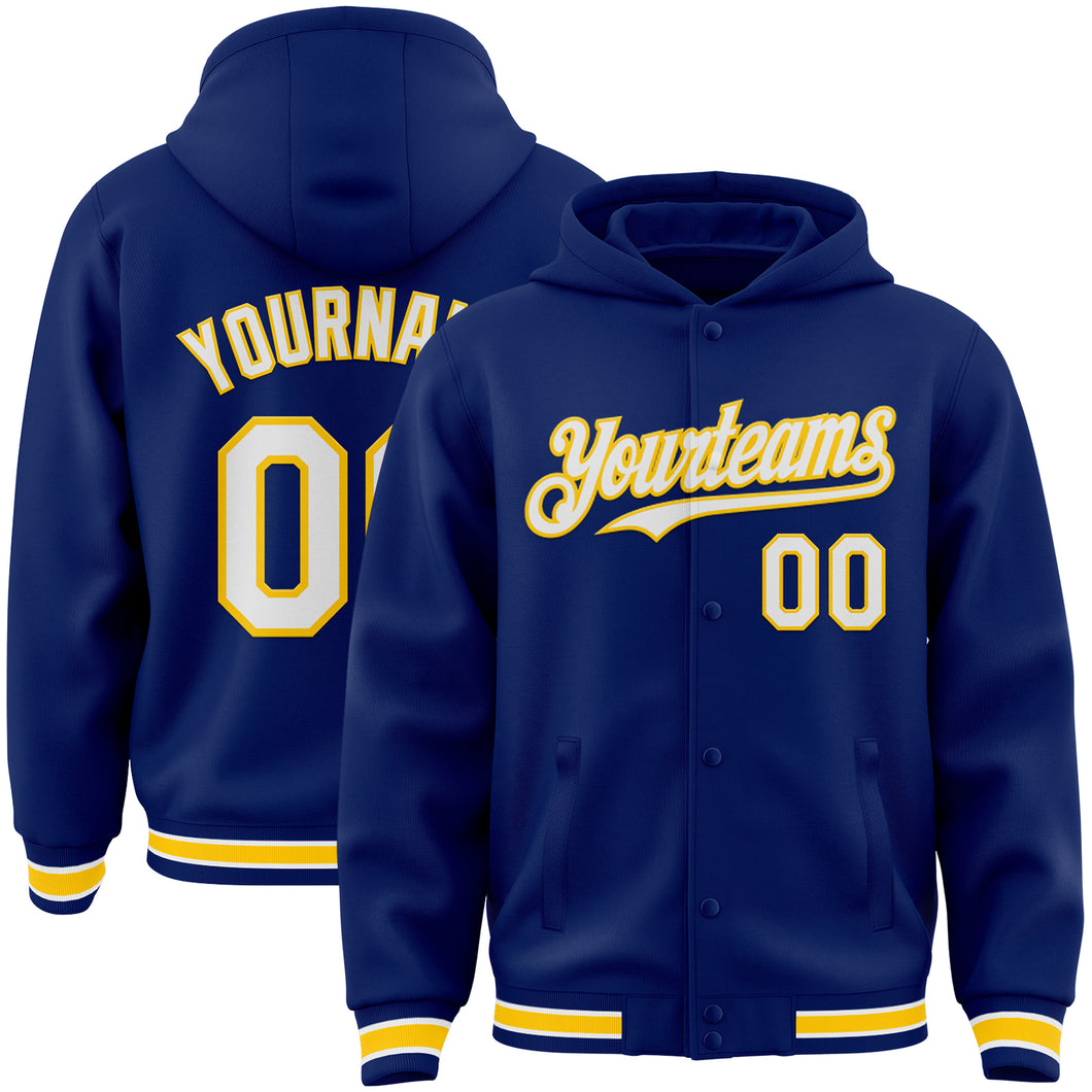 Custom Royal White-Yellow Bomber Full-Snap Varsity Letterman Hoodie Jacket