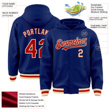 Load image into Gallery viewer, Custom Royal Red-Cream Bomber Full-Snap Varsity Letterman Hoodie Jacket
