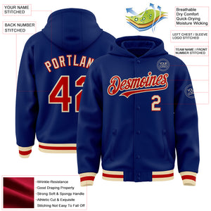 Custom Royal Red-Cream Bomber Full-Snap Varsity Letterman Hoodie Jacket