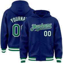 Load image into Gallery viewer, Custom Royal Kelly Green-White Bomber Full-Snap Varsity Letterman Hoodie Jacket
