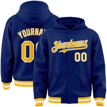 Load image into Gallery viewer, Custom Royal Gold-White Bomber Full-Snap Varsity Letterman Hoodie Jacket
