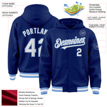 Load image into Gallery viewer, Custom Royal White-Light Blue Bomber Full-Snap Varsity Letterman Hoodie Jacket
