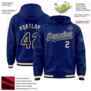 Custom Royal Black-White Bomber Full-Snap Varsity Letterman Hoodie Jacket