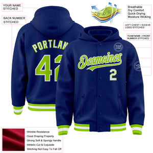 Custom Royal Neon Green-White Bomber Full-Snap Varsity Letterman Hoodie Jacket