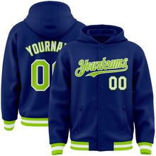 Load image into Gallery viewer, Custom Royal Neon Green-White Bomber Full-Snap Varsity Letterman Hoodie Jacket
