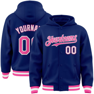 Custom Royal Pink-White Bomber Full-Snap Varsity Letterman Hoodie Jacket