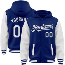 Load image into Gallery viewer, Custom Royal White Bomber Full-Snap Varsity Letterman Two Tone Hoodie Jacket
