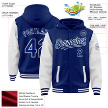 Load image into Gallery viewer, Custom Royal White Bomber Full-Snap Varsity Letterman Two Tone Hoodie Jacket
