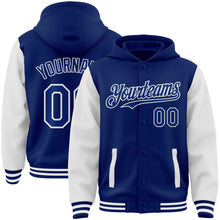 Load image into Gallery viewer, Custom Royal White Bomber Full-Snap Varsity Letterman Two Tone Hoodie Jacket
