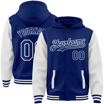 Custom Royal White Bomber Full-Snap Varsity Letterman Two Tone Hoodie Jacket