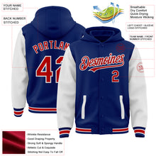 Load image into Gallery viewer, Custom Royal Red-White Bomber Full-Snap Varsity Letterman Two Tone Hoodie Jacket
