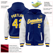 Load image into Gallery viewer, Custom Royal Yellow-White Bomber Full-Snap Varsity Letterman Two Tone Hoodie Jacket
