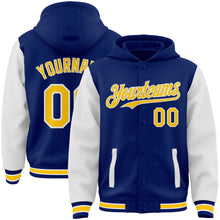 Load image into Gallery viewer, Custom Royal Yellow-White Bomber Full-Snap Varsity Letterman Two Tone Hoodie Jacket
