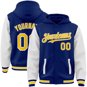 Custom Royal Yellow-White Bomber Full-Snap Varsity Letterman Two Tone Hoodie Jacket